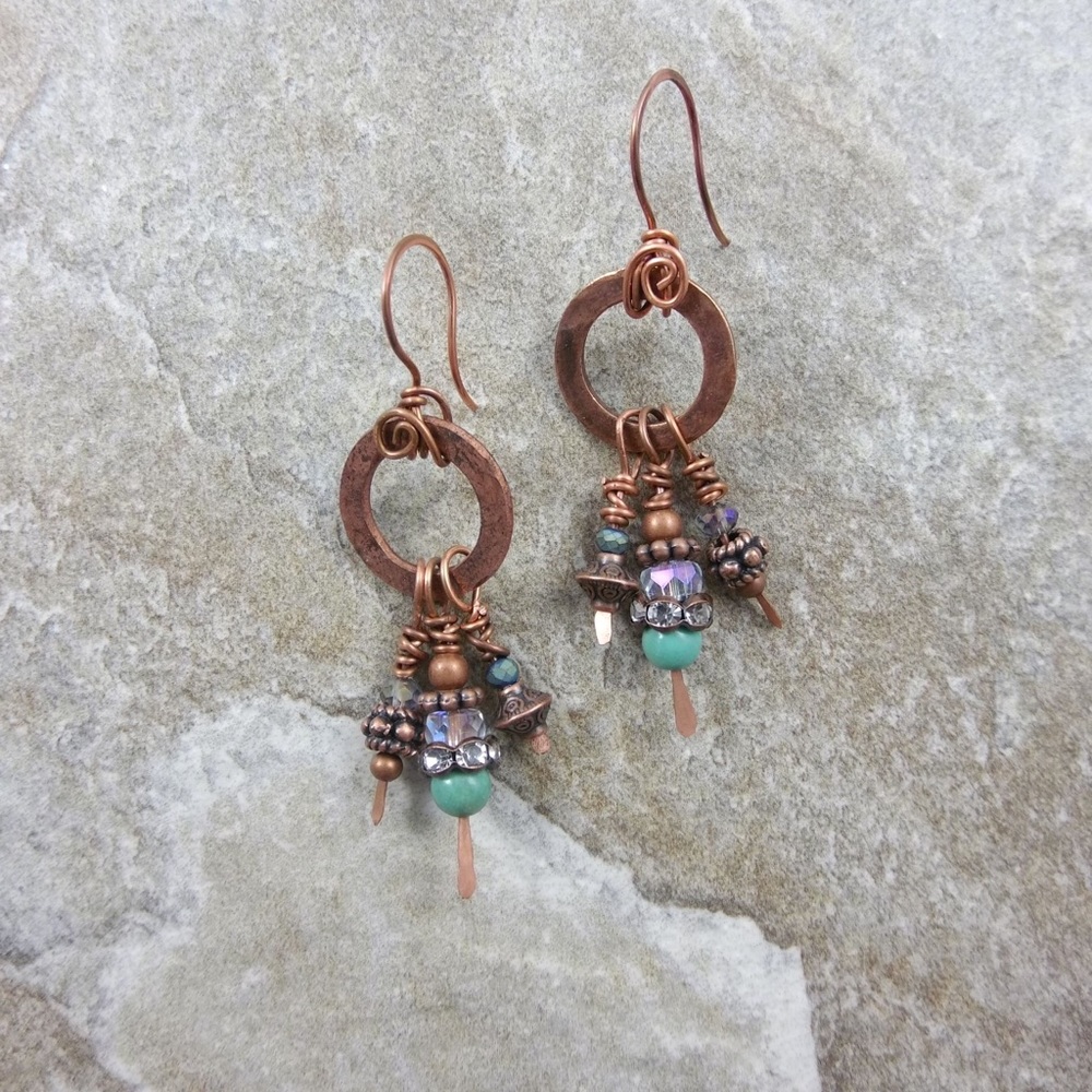 Turquoise, crystal, and copper earrings